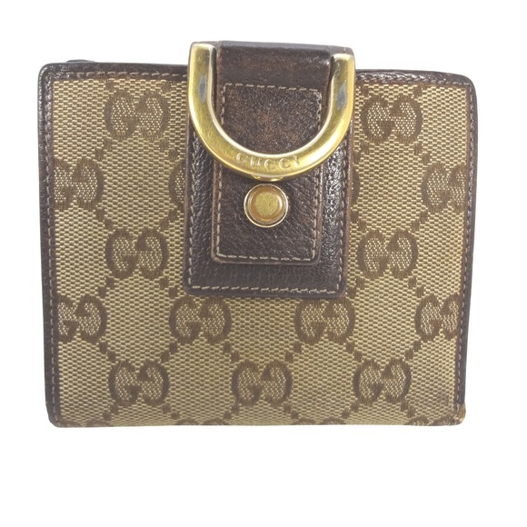 Gucci Abbey D-Ring Compact Monogram Canvas Leather Bifold Wallet Brown Gold - Picture 1 of 7
